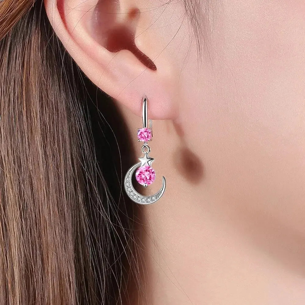 Female Fashion Star Moon Earrings 925 Sterling Silver White Sapphire Pink Blue White Artificial Dangle Earrings