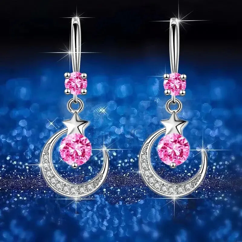 Female Fashion Star Moon Earrings 925 Sterling Silver White Sapphire Pink Blue White Artificial Dangle Earrings