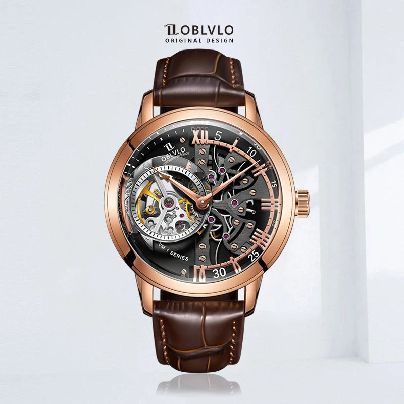 OBLVLO Retro Casual Men Skeleton Automatic Watches Mechanical Calfskin Strap Mineral Crystal Glass Waterproof Clock Dial 45mm VM