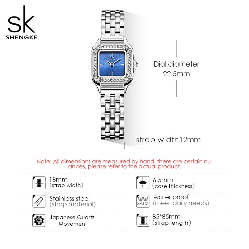 SHENGKE Elegant Silver Stainless Steel Women Watches Fashion Small Dial Square Woman's Quartz Wristwatches Ladies New Gift Clock