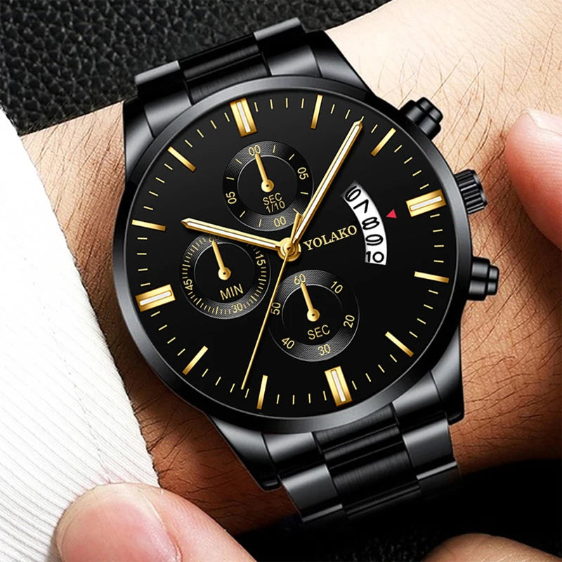 Luxury Men Steel Golden Watch Calendar Quartz Wristwatch Chain Bracelet Business Watches Man Clock for Men Relogio Masculino