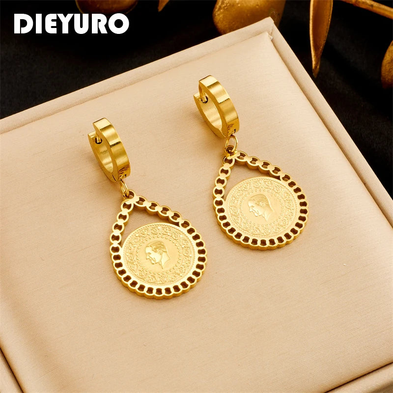 DIEYURO 316L Stainless Steel Water-drop Portrait Coin Earrings For Women Girl Fashion Ear Buckle Non-fading Jewelry Gift Party