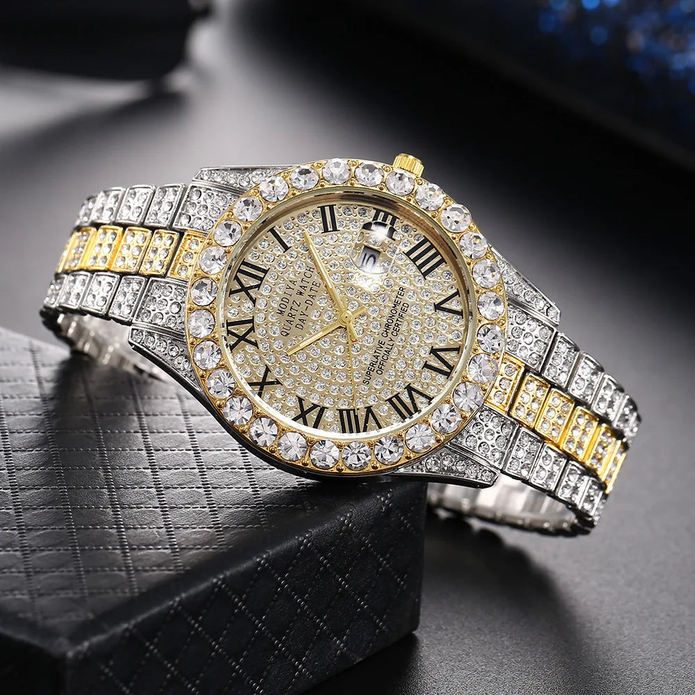 Montre homme Hip Hop Iced Out entièrement en strass AAA autour des montres à quartz de luxe horloge ronde montre-bracelet unisexe cadeau pour petit ami