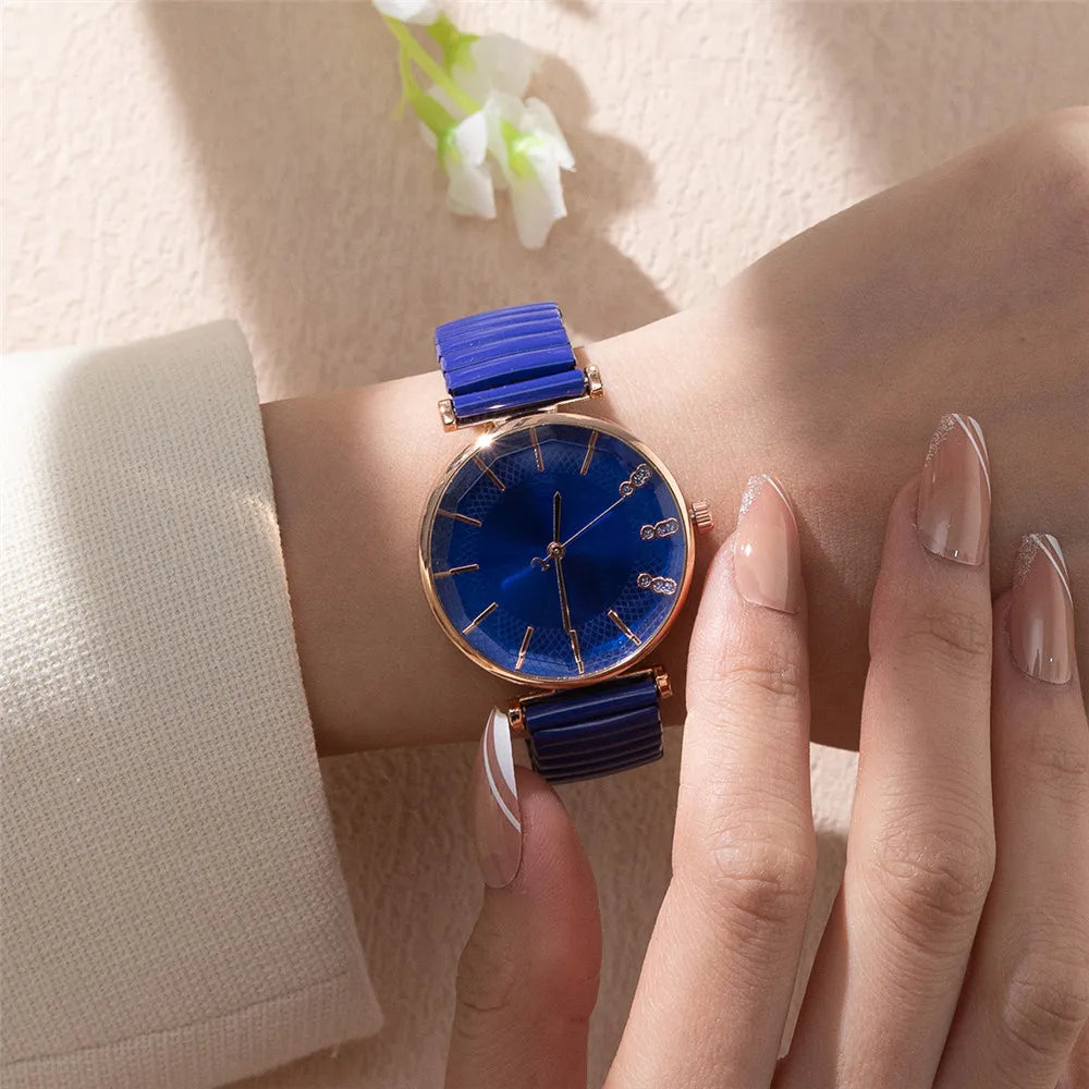 Luxury Treasure Blue Simple Crystal Ladies Quartz Watch Casual Stainless Steel Stretch Strap Fashion Women Dress Clock Watches