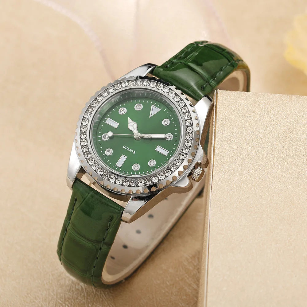 Ladies Luxury Diamond Branded Quartz Watch Fashion 2024 New Simple Green Leather Women's Dress Clock Watch DDP