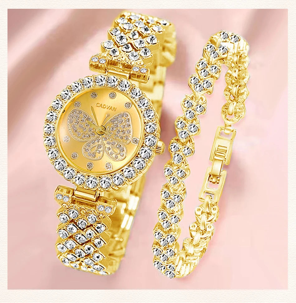 Women Butterfly Dial Watch Brand Design Female Clock Women Steel Bracelet Watch Quartz Luxury Fashion Set With Diamonds