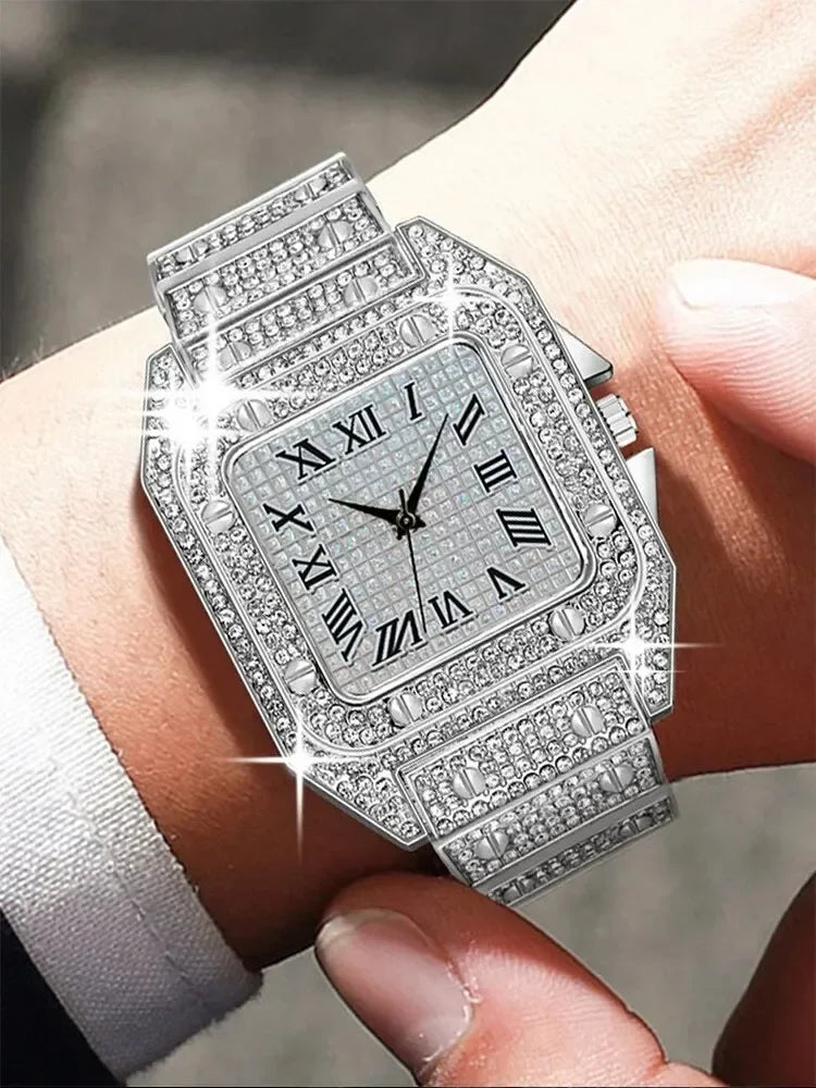 1pcs Fashion Business Calendar Men's Full Diamond Black Steel Band Quartz Watch