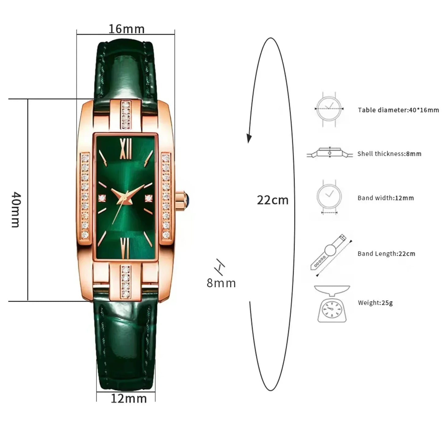 WOKAI high quality classic retro women's belt quartz square green quartz watch Student women's wear clock luxury style