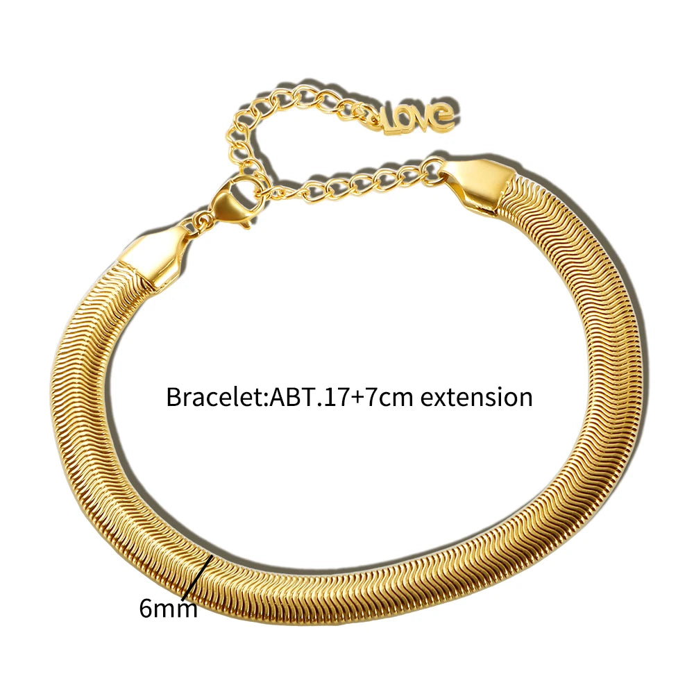 Stainless Steel Necklace Minimalist Metalic Texture Snake Chain 18 K PVD Plated Flat Thick Necklaces Bracelet For Unisex Jewelry