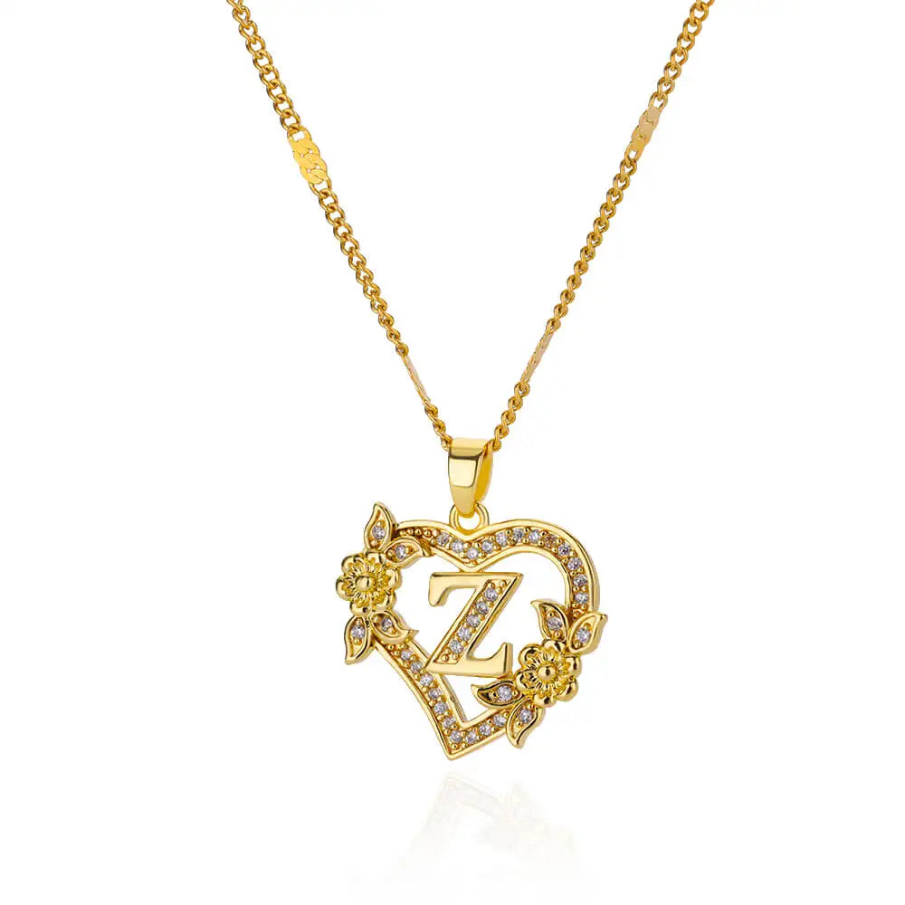 Zircon Flower Heart Initials Necklaces For Women Stainless Steel Heart Lover Gold Color Letter Chain Collar Necklace Jewelry