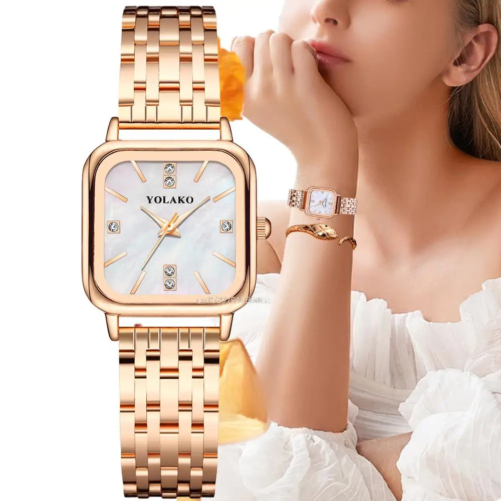 Luxury Brands Women Quartz Watch Fashion Square With Diamonds Seashell Surface Design Gold Coloured Fine Metal Strap Watches