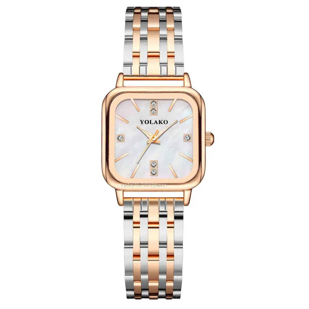 Luxury Brands Women Quartz Watch Fashion Square With Diamonds Seashell Surface Design Gold Coloured Fine Metal Strap Watches