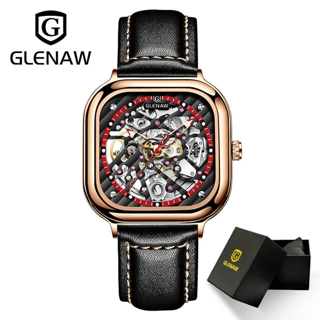 GLENAW Design Mechanical Watch For Men Fashion Business High Quality Leather Automatic Watches Square Stainless Steel Clock+Box