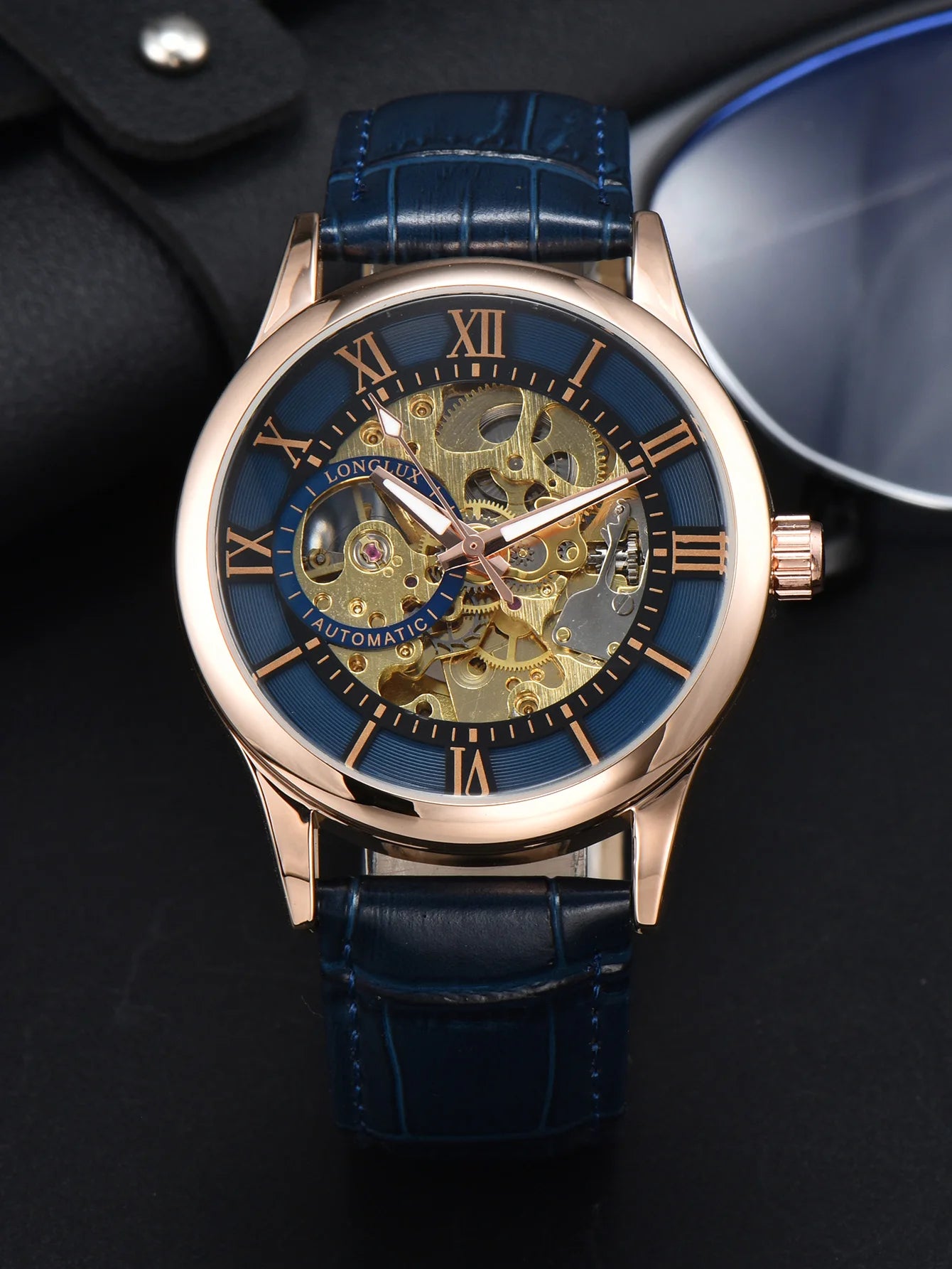 LONGLUX automatic watch rome wholesale mechanical wristwatches waterproof hollow leather mens watch men gift