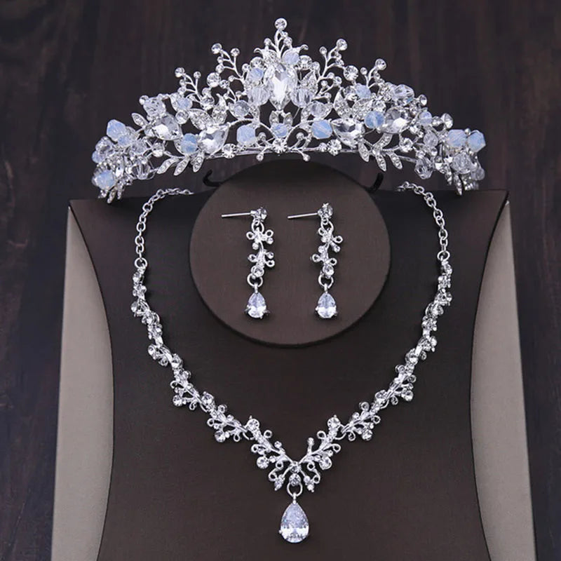 Luxury Silver Color Crystal Water Drop Bridal Jewelry Sets Rhinestone Tiaras Crown Necklace Earrings Wedding Dubai Jewelry Set