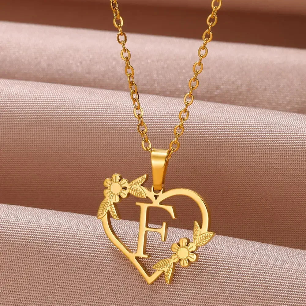 Gold Color Dainty Flower Initials Necklace Women Girl Stainless Steel Heart Letter Choker Necklace Best Gifts Alphabet Jewelry