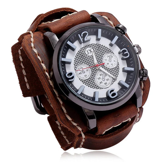 New Retro Mens Watches Genuine Leather Wide Watchband Wristwatch Fashion Punk Style Quartz Watch For Men 2025 Cowhide Bangles