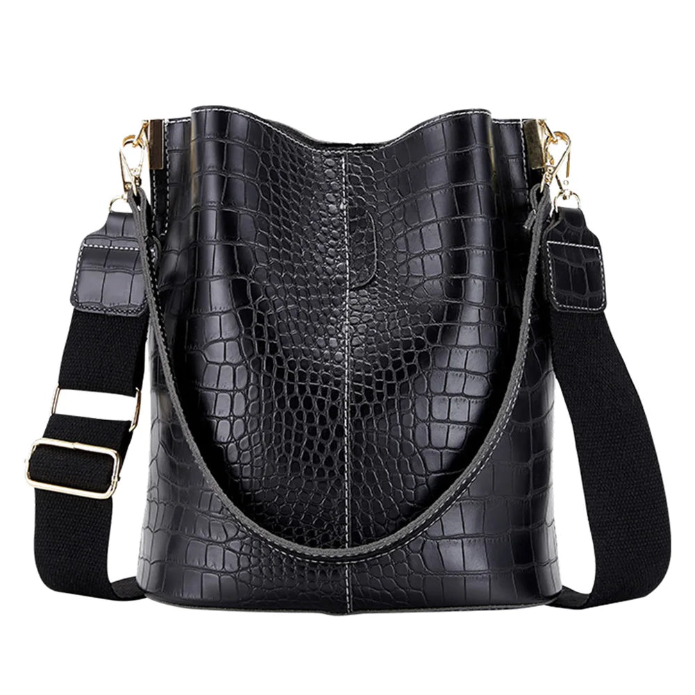 Leather Crossbody Bags Women Large-capacity Patchwork Fashion Bucket Bags Crocodile Pattern Shoulder Messenger Handbag