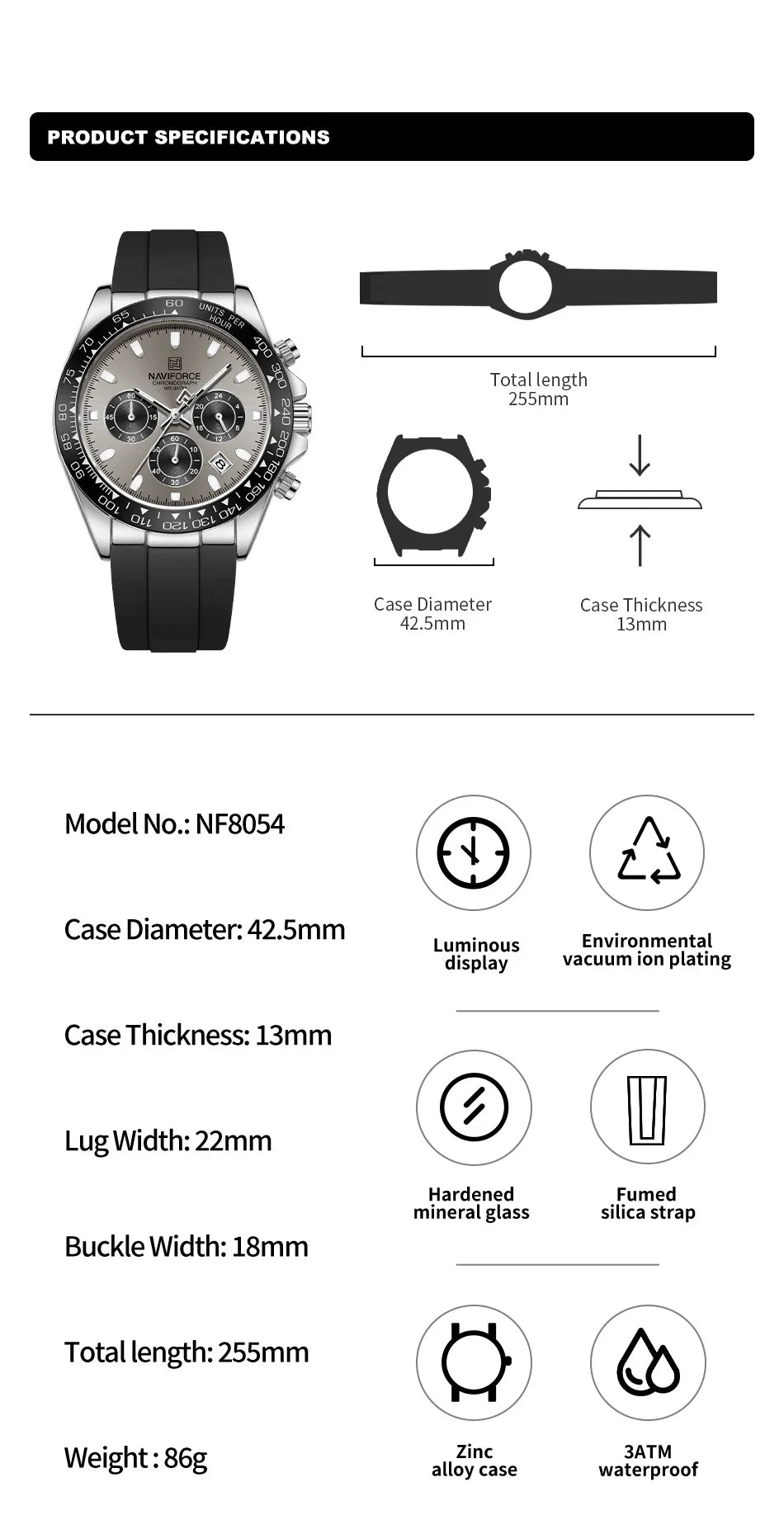 NAVIFORCE Luxury Men's Watch Waterproof Sports Quartz Clock Silicone Strap Chronograph Luminous Wristwatches Relogio Masculino