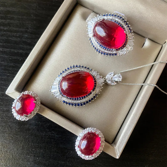 Vintage Ruby Crystal Stone Necklace Pendant Adjustable Ring Earring Luxury Wedding Party Fine Jewelry for Women Anniversary Gift