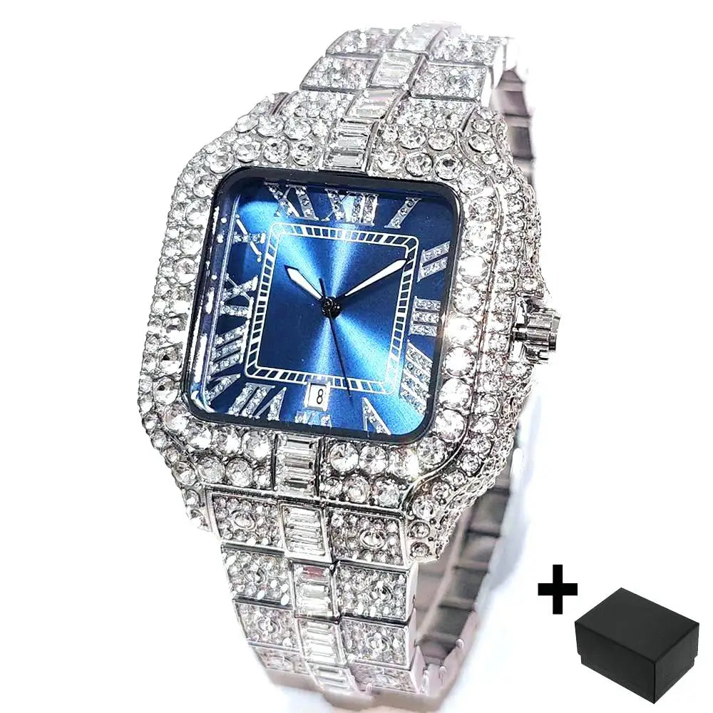 UNIGUET Blue Quartz Watch For Men Fashion Square Iced Out Watch Man Hip Hop Diamond Jewelry Wristwatch Rock Boy Reloj Hombre