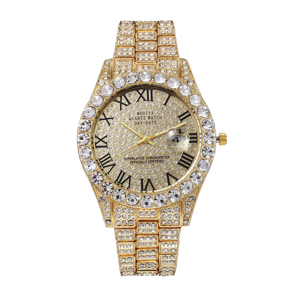 Montre homme Hip Hop Iced Out entièrement en strass AAA autour des montres à quartz de luxe horloge ronde montre-bracelet unisexe cadeau pour petit ami