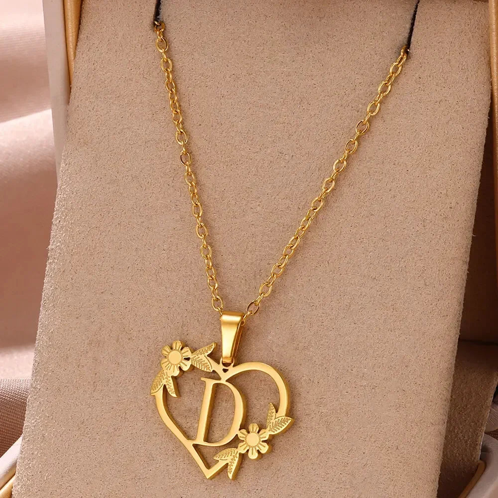 Gold Color Dainty Flower Initials Necklace Women Girl Stainless Steel Heart Letter Choker Necklace Best Gifts Alphabet Jewelry