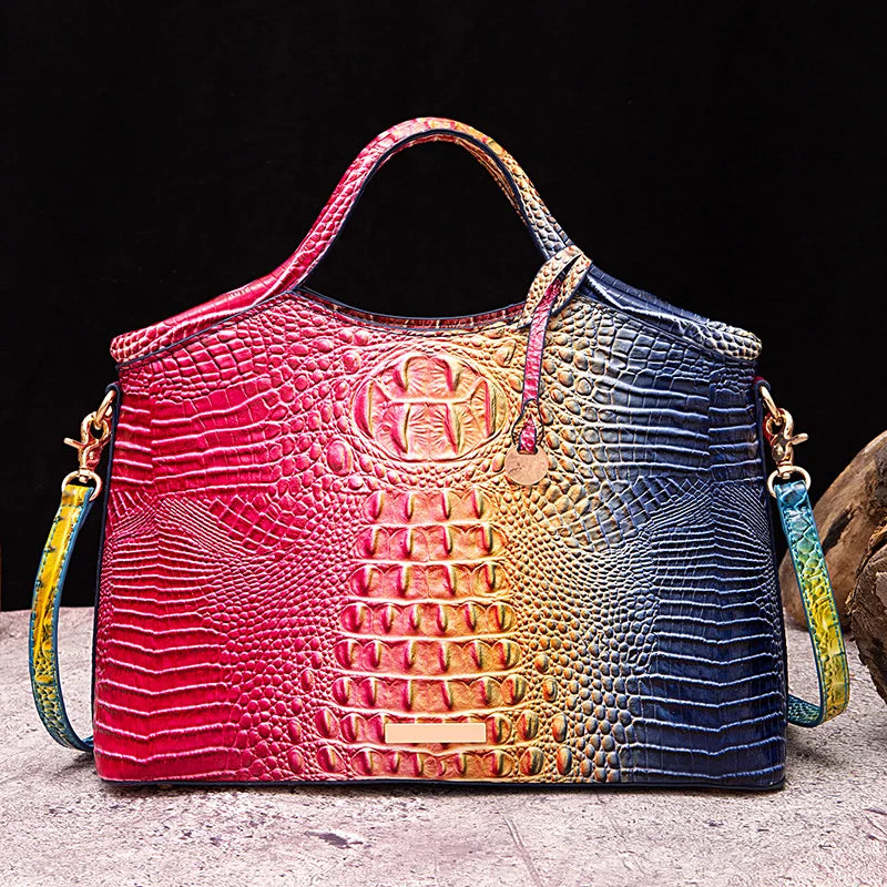 Genuine leather crocodile pattern colorful solid color high-end retro women's handbag