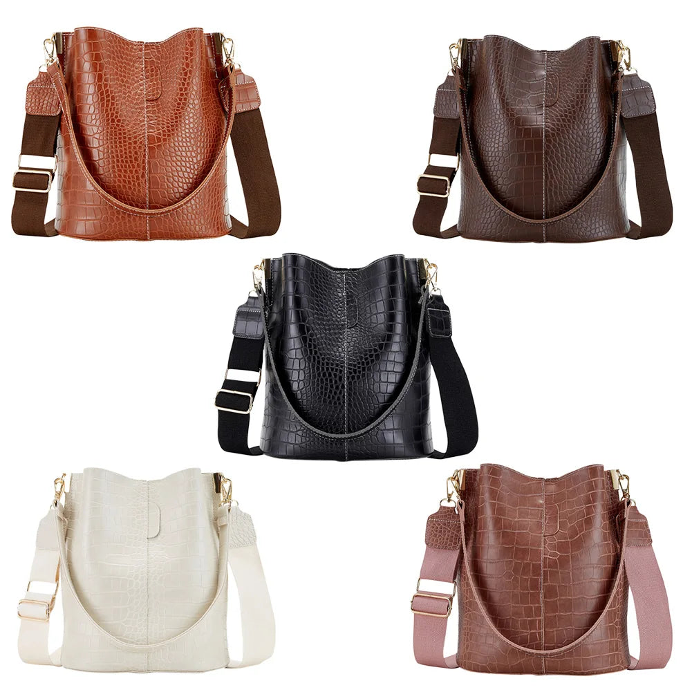 Leather Crossbody Bags Women Large-capacity Patchwork Fashion Bucket Bags Crocodile Pattern Shoulder Messenger Handbag