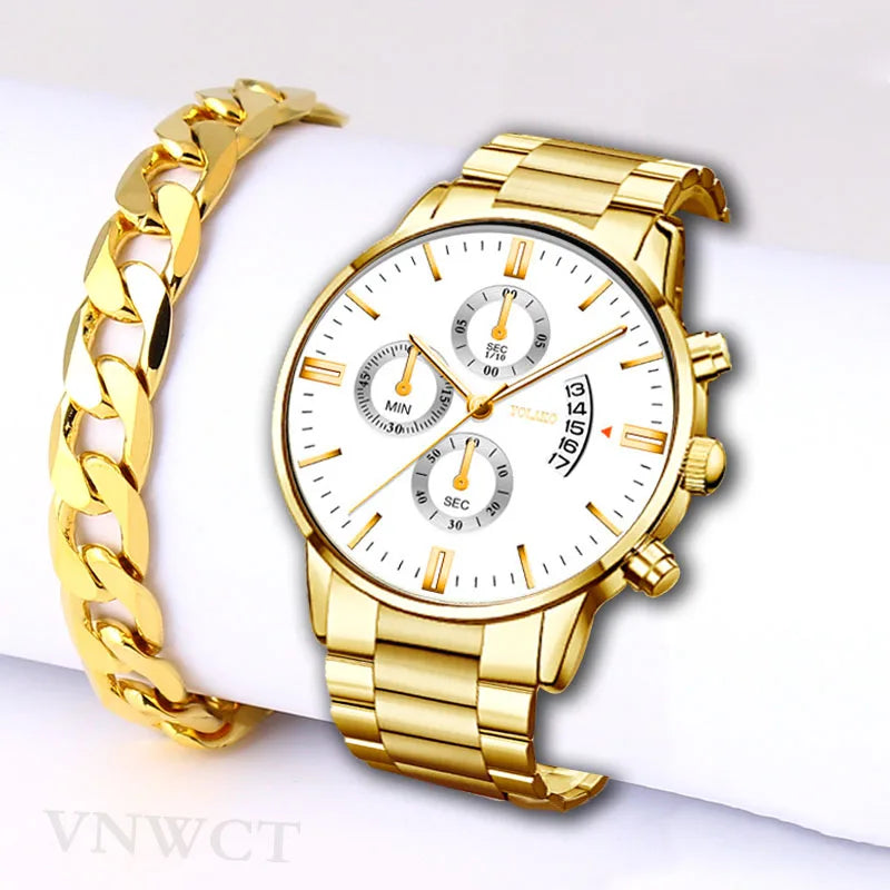 Luxury Men Steel Golden Watch Calendar Quartz Wristwatch Chain Bracelet Business Watches Man Clock for Men Relogio Masculino