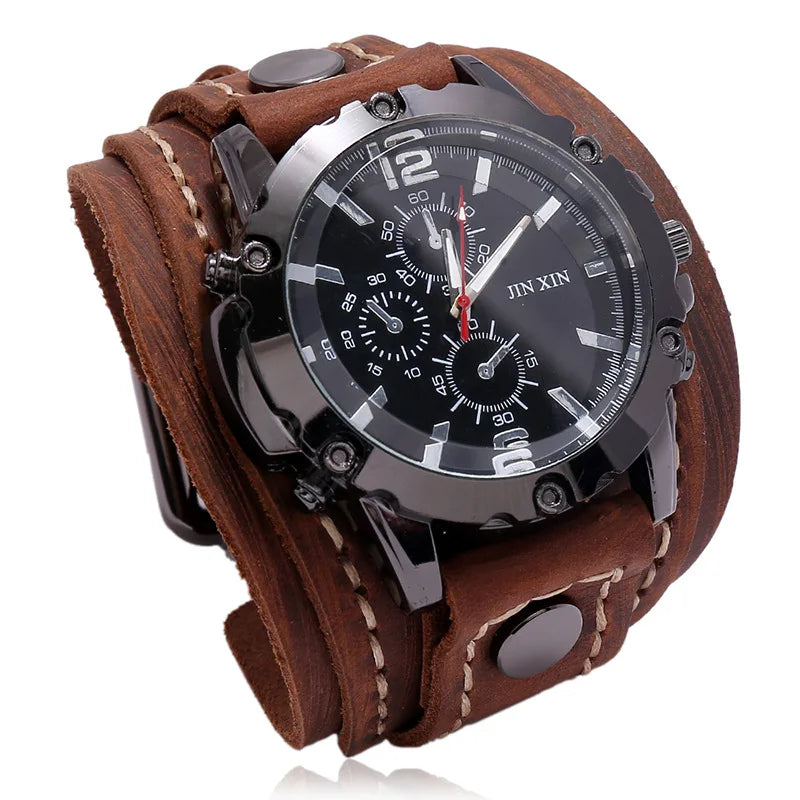 2025 Mens Quartz Wristwatch Fashion Cowhide Watchband Vintage Punk Big Round Watches Men Wide Genuine Leather Bracelets Clock