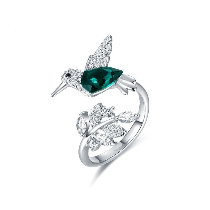 Fashionable hot selling new product, niche design, green hummingbird ring with adjustable opening