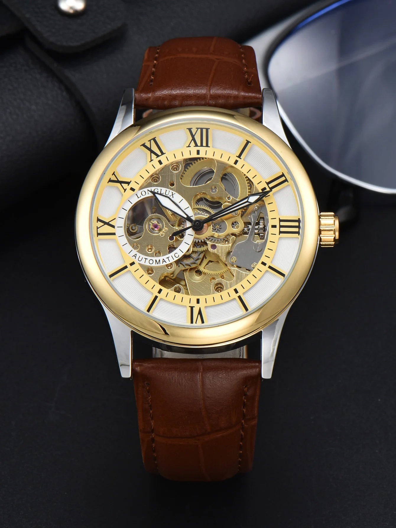 LONGLUX automatic watch rome wholesale mechanical wristwatches waterproof hollow leather mens watch men gift