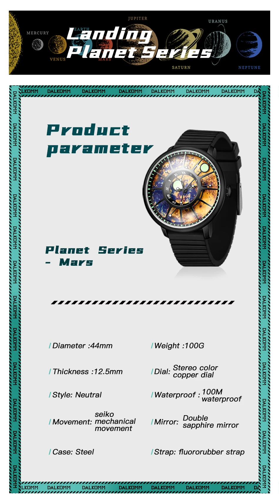 DALKOMM 2024 Design New Mechanical Watch NH35 Planet Theme Automatic Watch Men's Luminous Hands 100M Waterproof Rubber Strap