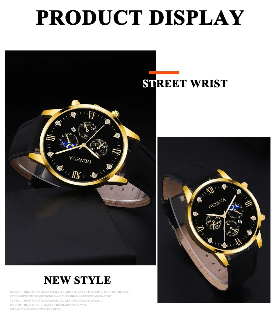 2pcs Luxury Mens Quartz Watches Bracelet Watch Set For Men Business Fashion Casual Round Pointer Calendar Watch