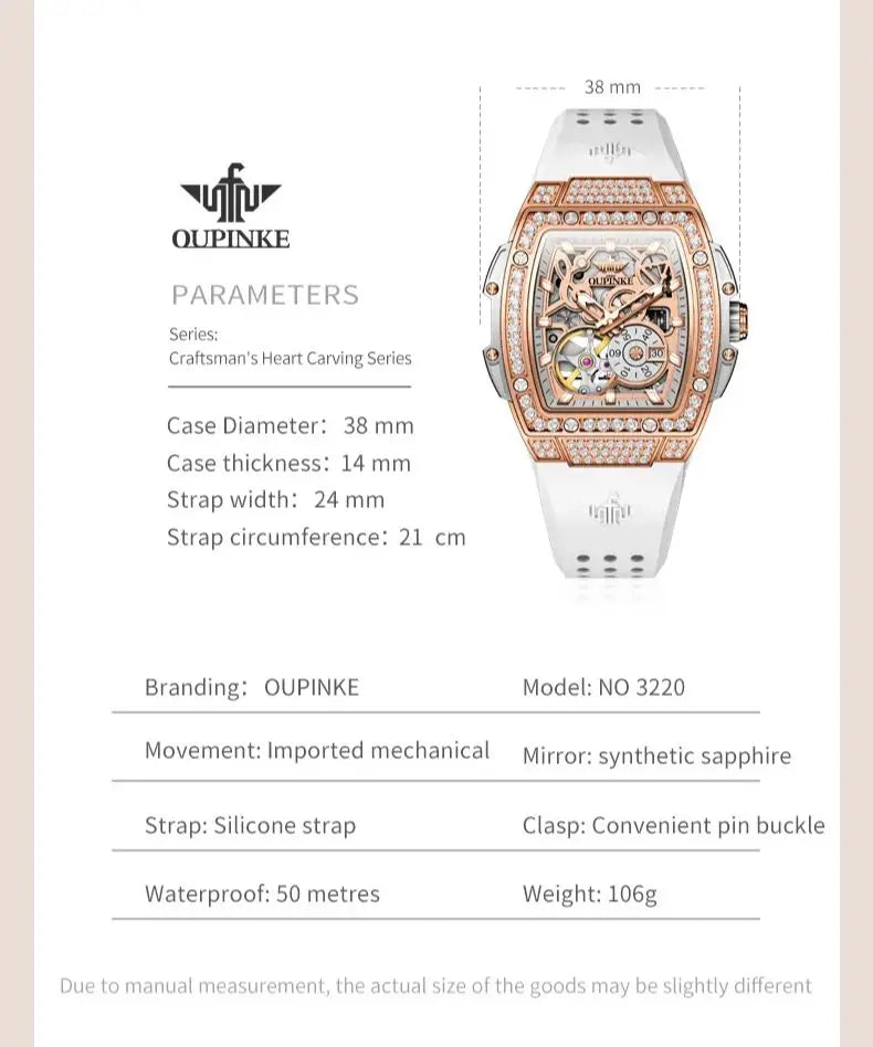 OUPINKE 3220 Flywheel Skeleton Mechanical Watch For Women Diamond Luxury Silicone Strap Wristwatch Sapphire Mirror Dress Watch