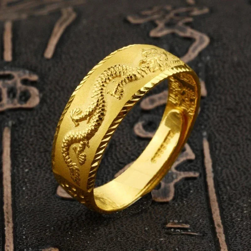 24k Gold Ring for Man Luxury Engraving Dragon Adjustable Ring Fashion Jewelry Male Two Color Yellow/White Gold Finger Ring Gift