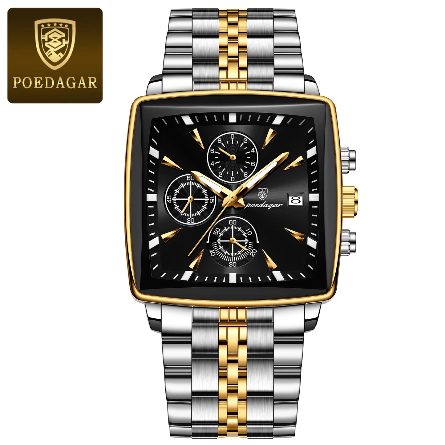 POEDAGAR Business Men Clock Waterproof Luminous Calendar Chronograph Square Man Watch Stainless Steel Quartz Men's Watches Reloj