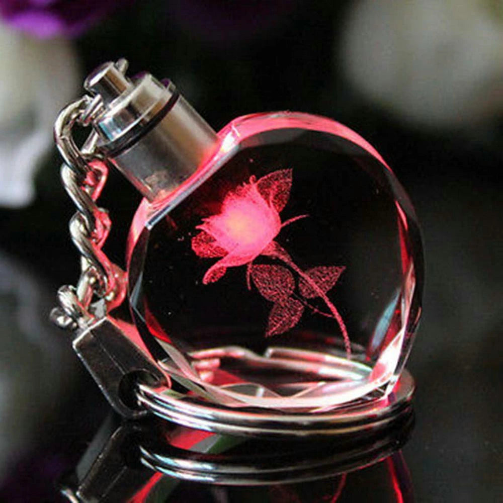 Fashion Colorful Fairy Rose Flower Pattern Love Shape Crystal Rhinestone LED Light keychain Lover Key Chain Keyring Jewelry