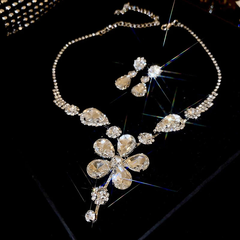 Large Water Drop Flower Necklace Earrings Set Shining Full Rhinestone Necklace For Women Bridal Wedding Party Jewelry Sets