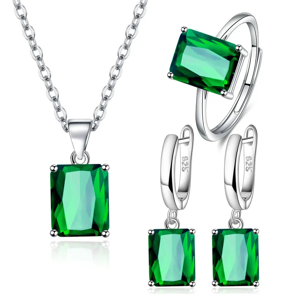 925 Sterling Silver  Elegant Jewelry Sets Ring Earrings Necklace For Women Rectangle Geometry Zircon Wedding Accessories