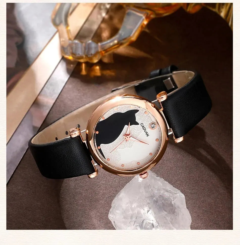 6PCS Set Women Fashion Quartz Watch Female Clock Cute Cat Dial Luxury Brand Design Ladies Leather Wrist Watch Montre Femme