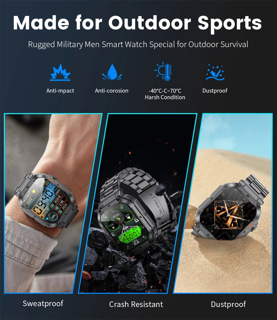 For All Smartphone Connections Bluetooth Call Sports Fitness Bracelet Waterproof Smartwatch Men's Watch Outdoor Rugged Military