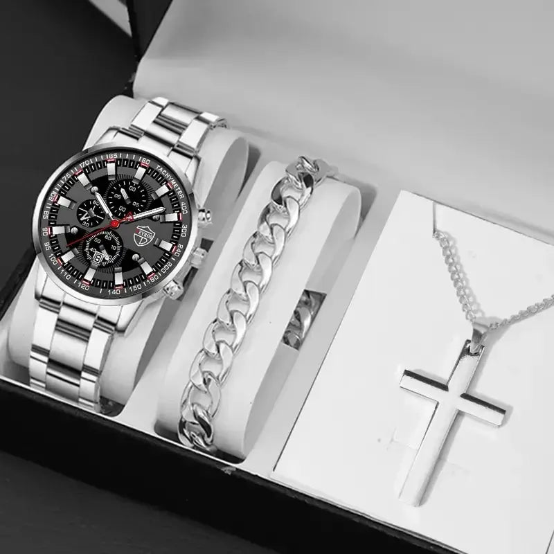 3PCS DEYROS Fashion Mens Calendar Watches Luxury Male Stainless Steel Quartz Wristwatch Men Bracelet Necklace Wrist Watch