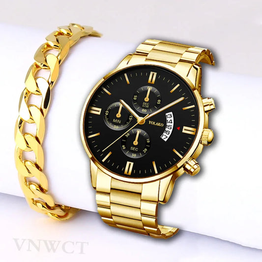 Luxury Men Steel Golden Watch Calendar Quartz Wristwatch Chain Bracelet Business Watches Man Clock for Men Relogio Masculino