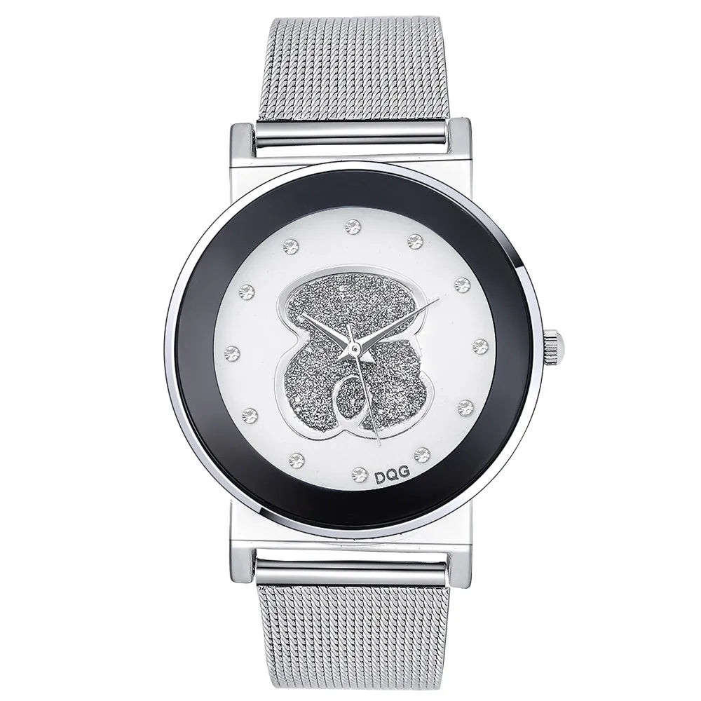 Luxury Ladies Black White Bear Diamond Simple Design Branded Quartz Watch Fashion Stretch Women Dress Clock Creative Watches