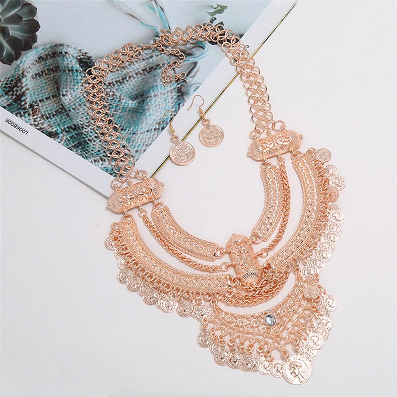 Fashion Choker Collar Jewelry Sets For Women Coin Tassel Ethnic Gypsy Bohemian Statement Collier Necklaces Drop Dangle Earrings