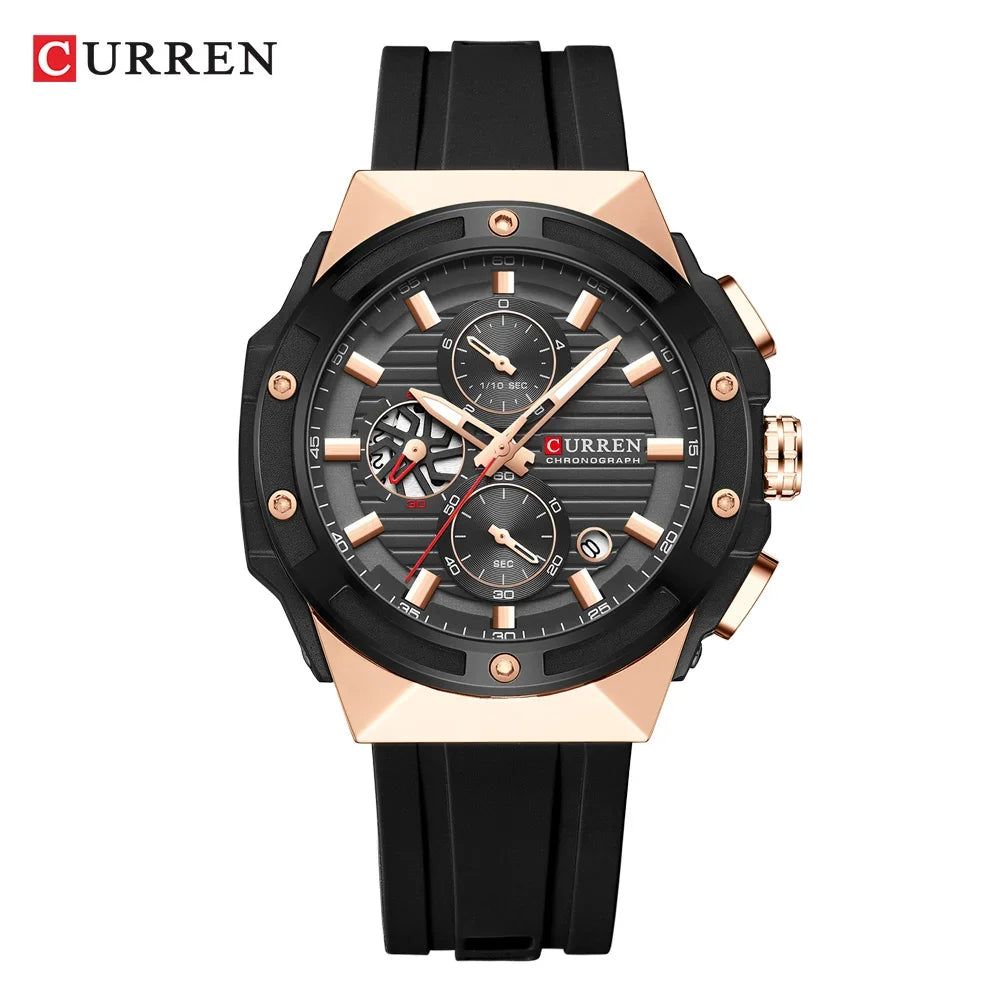 CURREN Fashionable Sports Multifunctional Chronograph Quartz Watch with Silicone Strap Creative Design Dial Luminous Hands