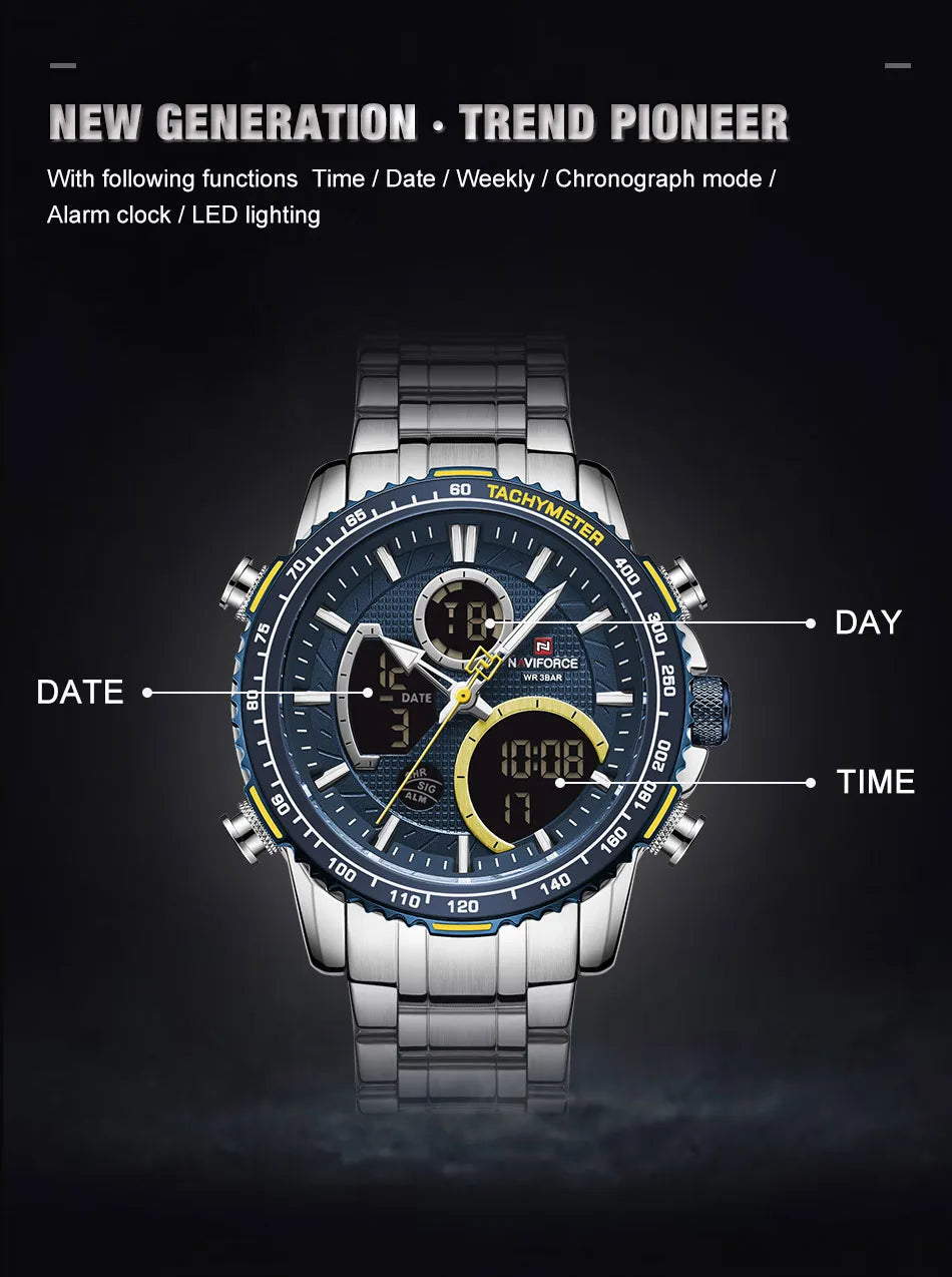 NAVIFORCE Fashion Men Watch Luxury Brand Sport Watch For Men Chronograph Quartz Wristwatch Military Waterproof Steel Band Clock