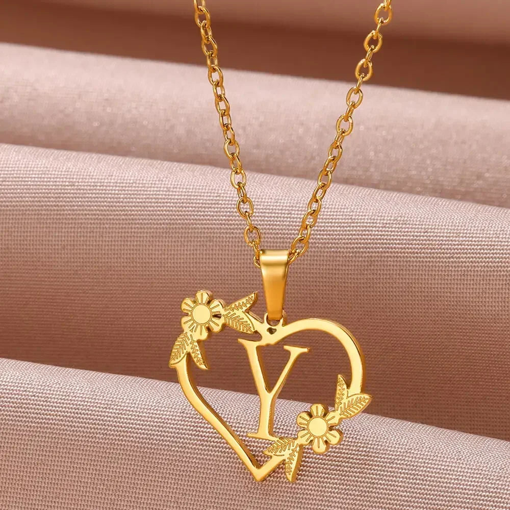 Gold Color Dainty Flower Initials Necklace Women Girl Stainless Steel Heart Letter Choker Necklace Best Gifts Alphabet Jewelry